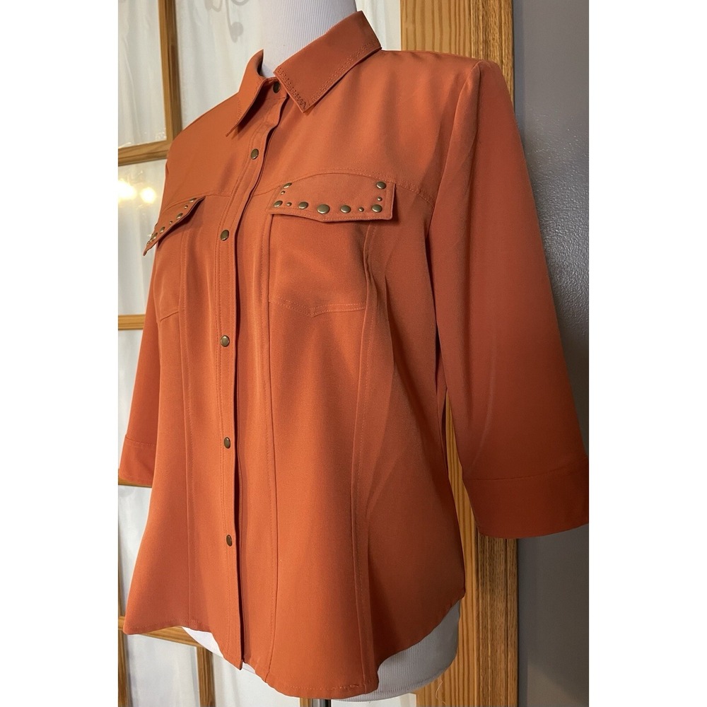 Vtg Kathy Che Button Front Shirt Women's S Studded Orange Pockets Career Casual - Picture 2 of 14